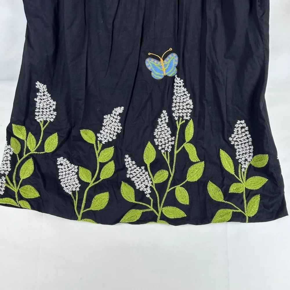 Black Floral Embroidered Butterfly Women's Artsy Chic Boho Spring Dress Sz. L - Picture 5 of 12